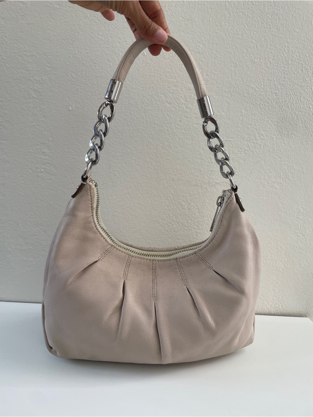 Michael Kors Blush Leather Pleated Shoulder Hobo with Silver Chain